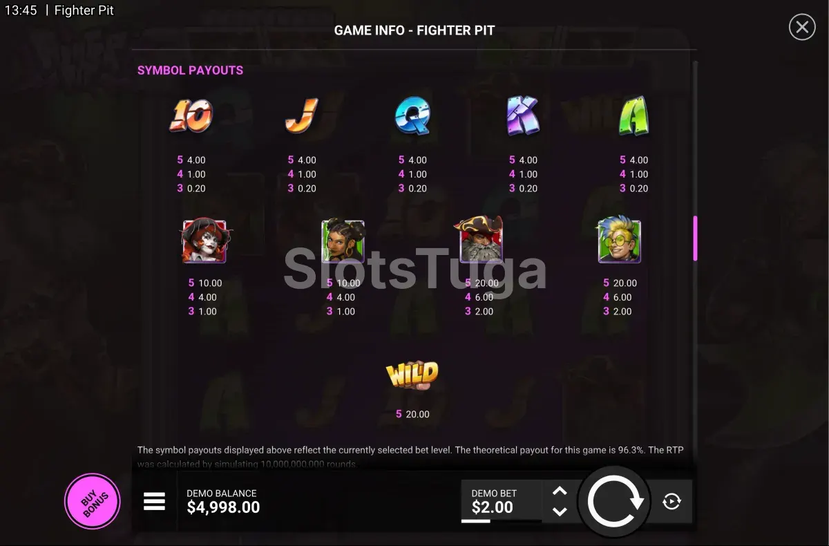 Tabela de pagamentos da Fighter Pit mostrando os símbolos e prêmios