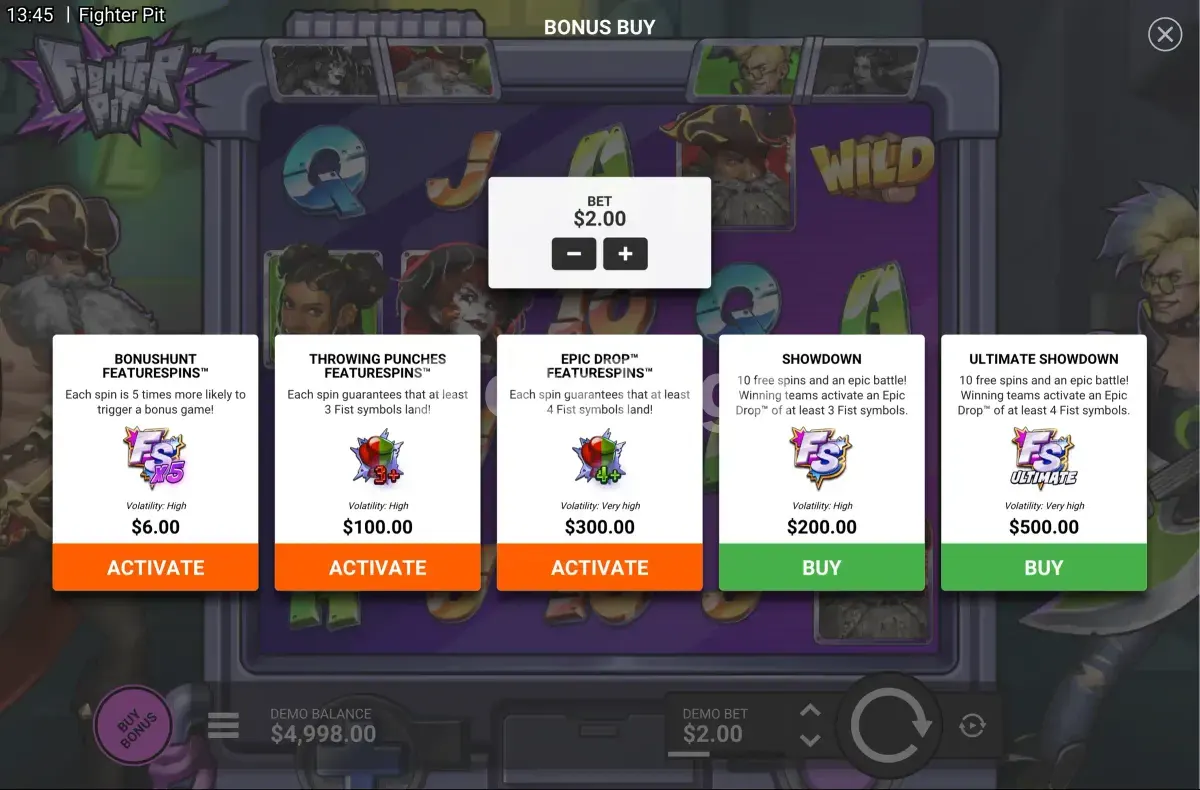 Tela de compra de bônus da slot Fighter Pit com opções de preço