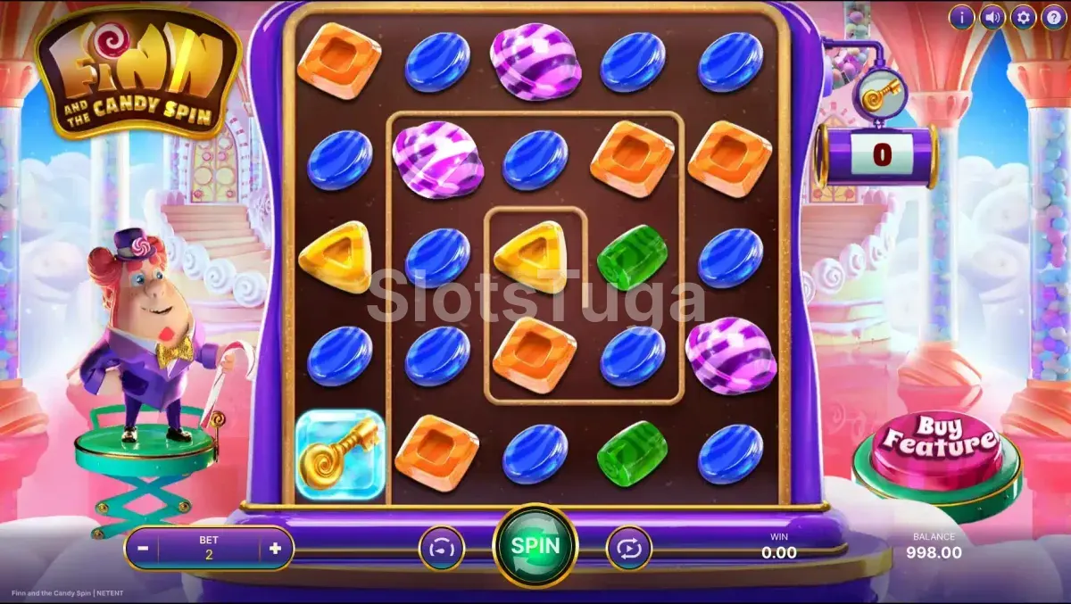 Tela principal da slot Finn and The Candy Spin com o grid colorido de balas e doces