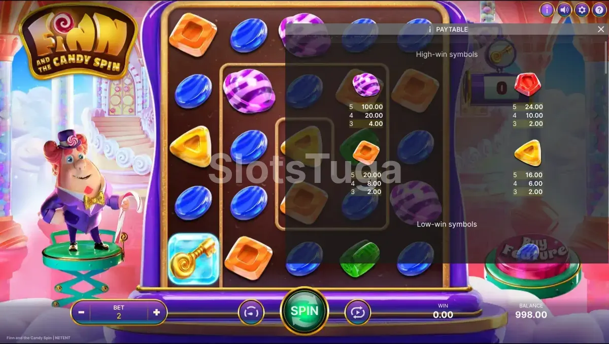Tabela de pagamentos dos símbolos da slot Finn and The Candy Spin