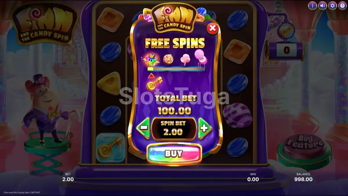 Tela de compra de bônus da slot Finn and The Candy Spin mostrando opções disponíveis