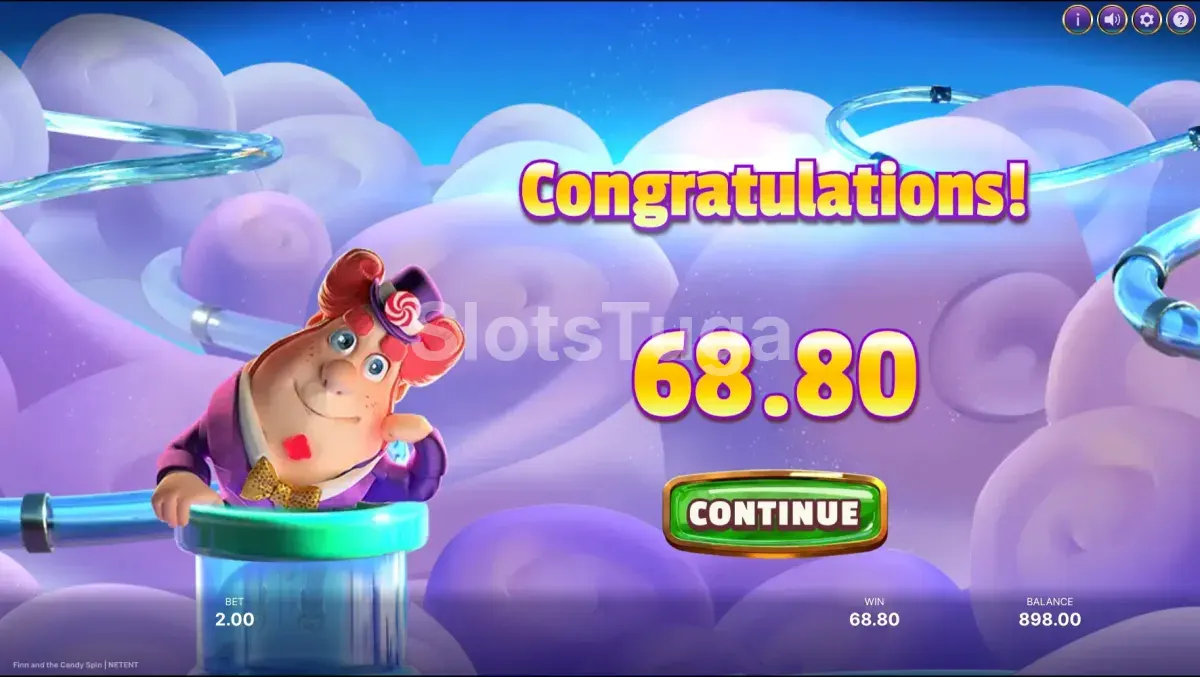 Tela de grande vitória na slot Finn and The Candy Spin com animação de comemoração