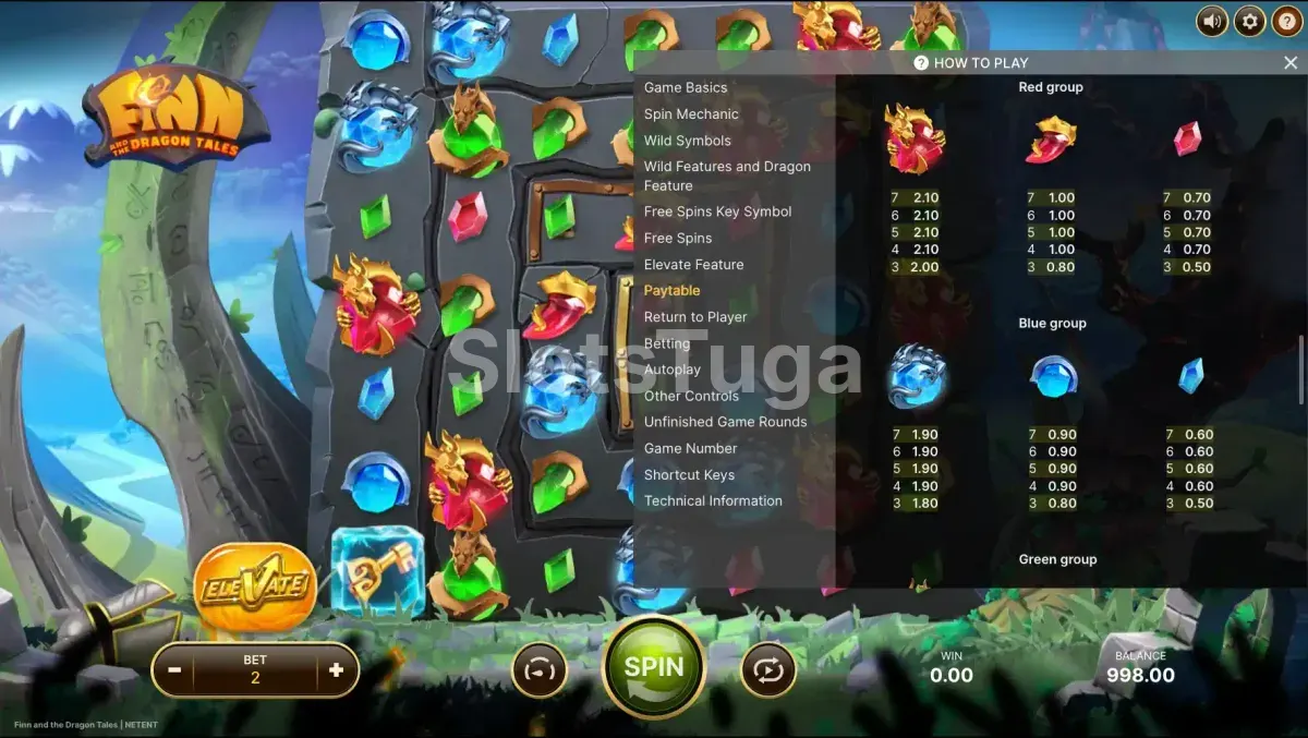 Tabela de pagamentos do Finn and the Dragon Tales mostrando símbolos e valores