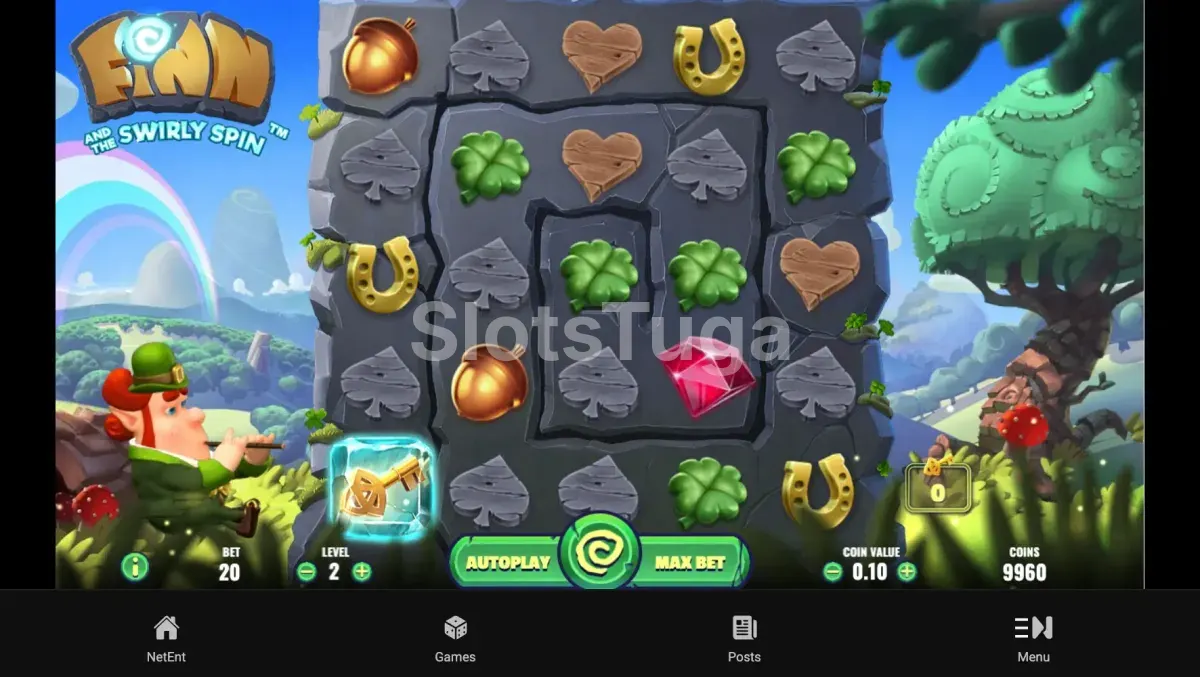 Segunda tela do jogo base do Finn and the Swirly Spin com símbolos especiais ativos