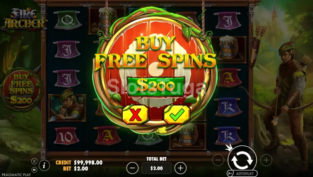 Tela de compra de bônus do Fire Archer da Pragmatic Play