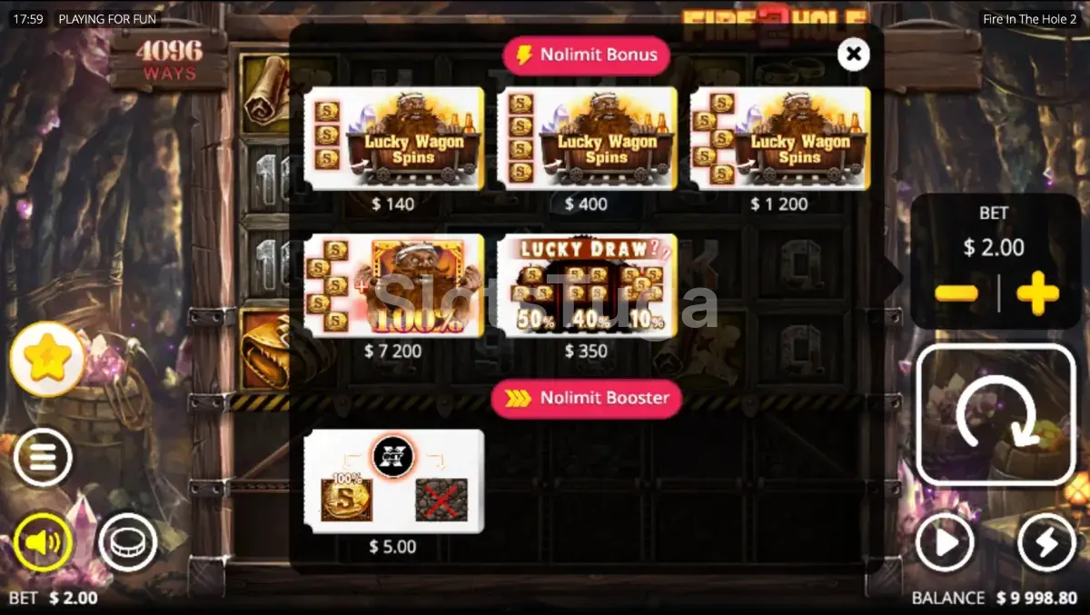 Tela de compra de bônus do Fire In The Hole 2 com as opções disponíveis