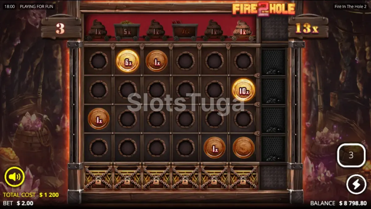 Fase de giros grátis do Fire In The Hole 2 com multiplicadores ativos