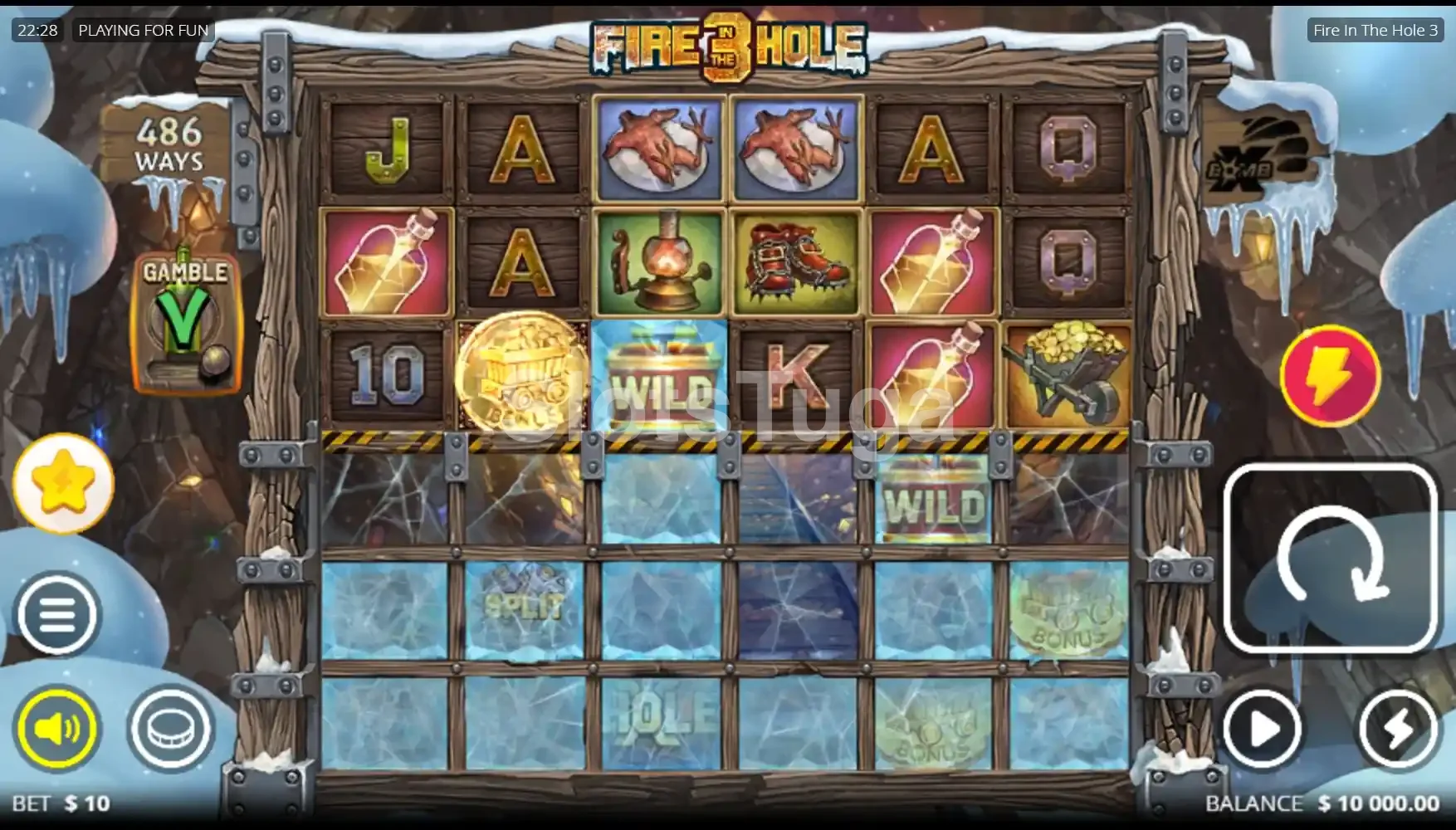 Jogo base da Fire in the Hole 3 com a grade de 6x6 reels