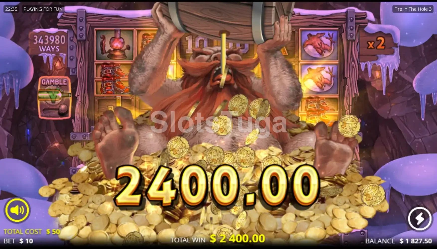 Grande vitória sendo exibida na slot Fire in the Hole 3