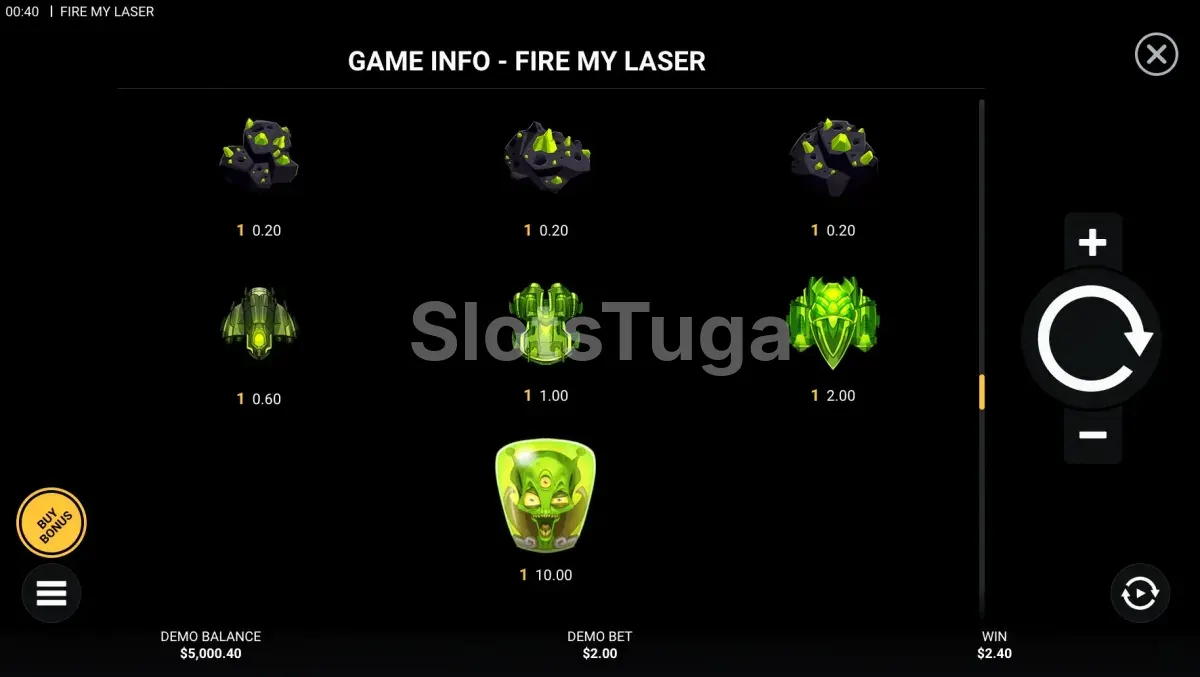 Tabela de pagamentos da slot Fire My Laser mostrando valores dos símbolos