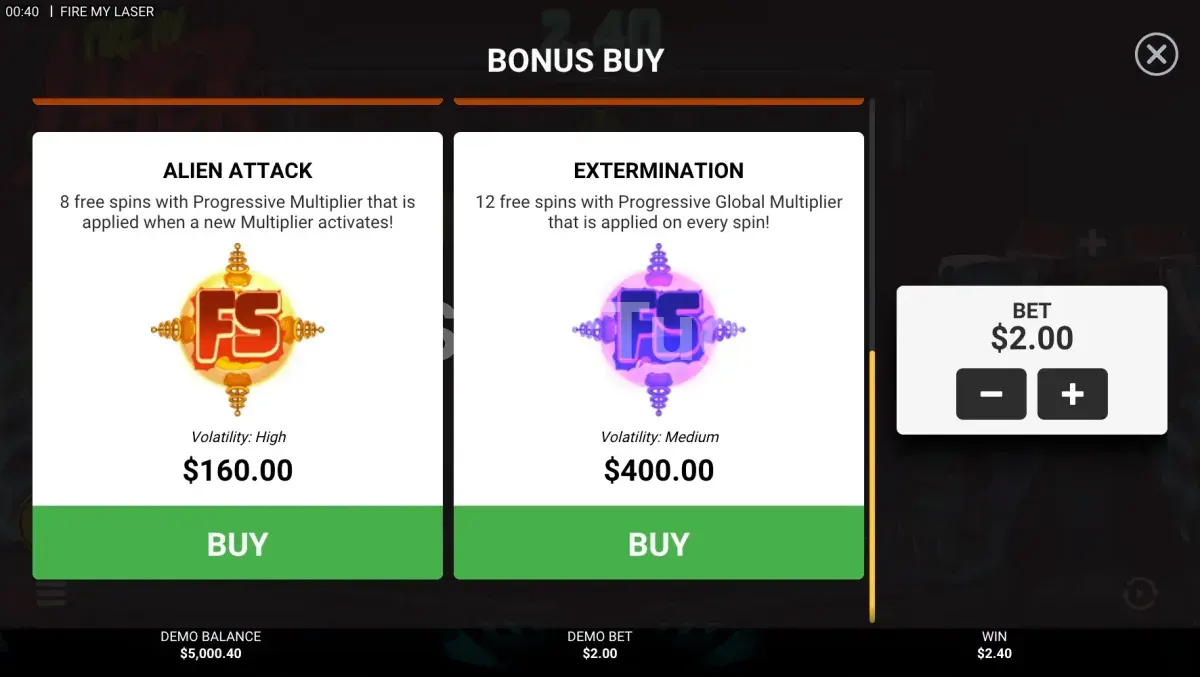 Menu de compra de bônus da slot Fire My Laser com quatro opções disponíveis