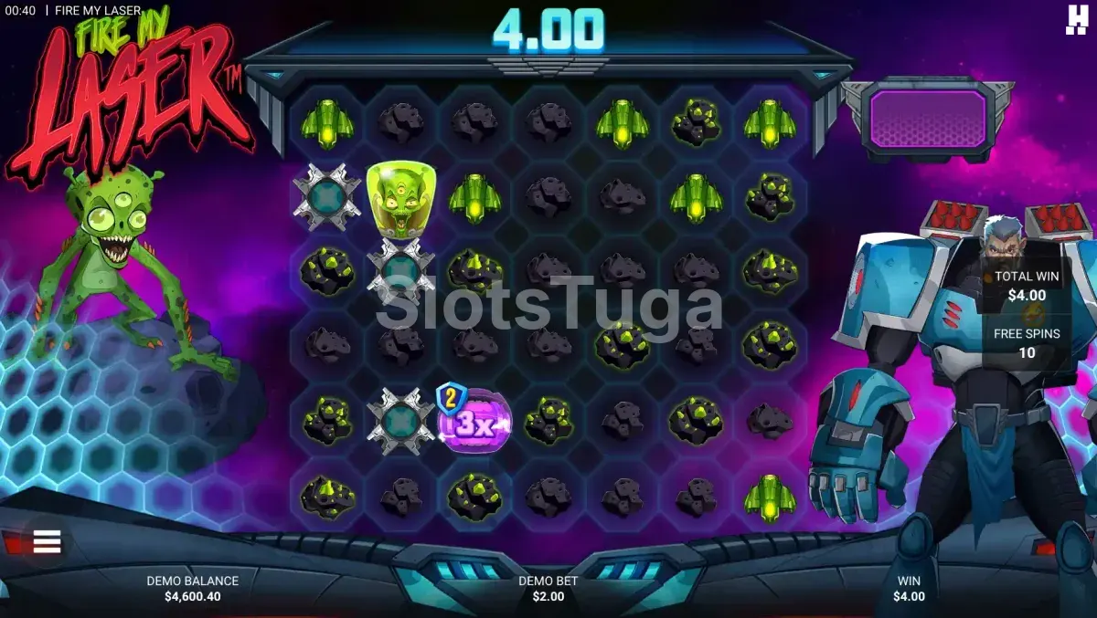 Rodadas de free spins do Fire My Laser com multiplicador progressivo ativo