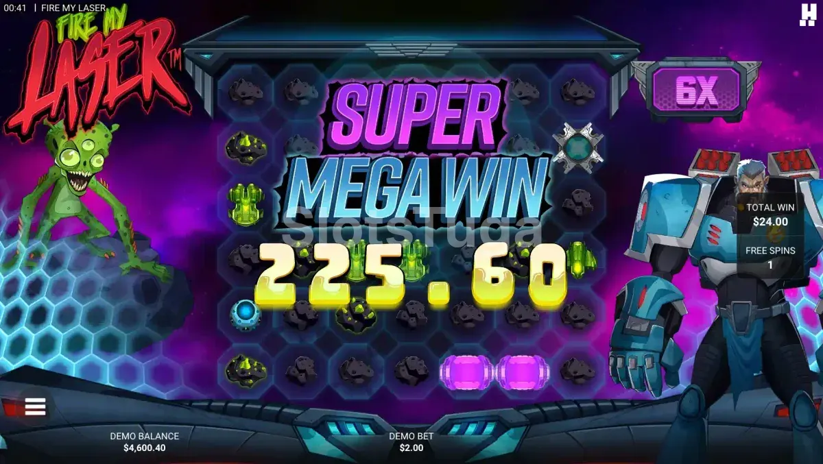 Big win na slot Fire My Laser com multiplicadores empilhados na tela