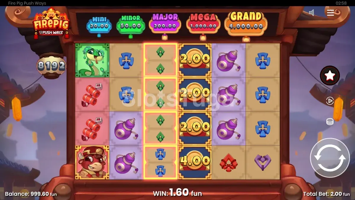 Jogo base do Fire Pig Push Ways com grade 6x4 e símbolos asiáticos