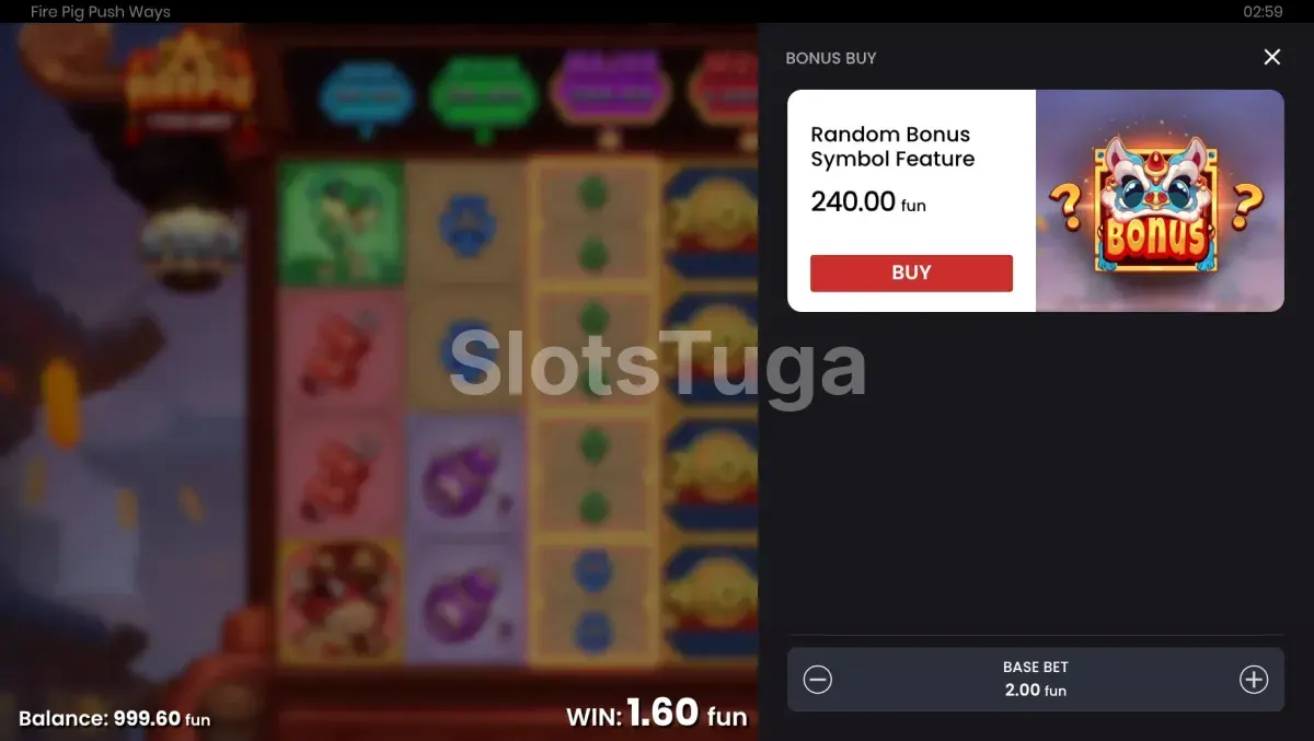 Tela de compra de bônus do Fire Pig Push Ways com opção de 120x a aposta