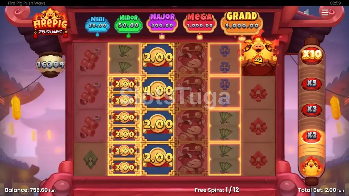 Rodada de giros grátis do Fire Pig Push Ways com medidor de progressão ativo