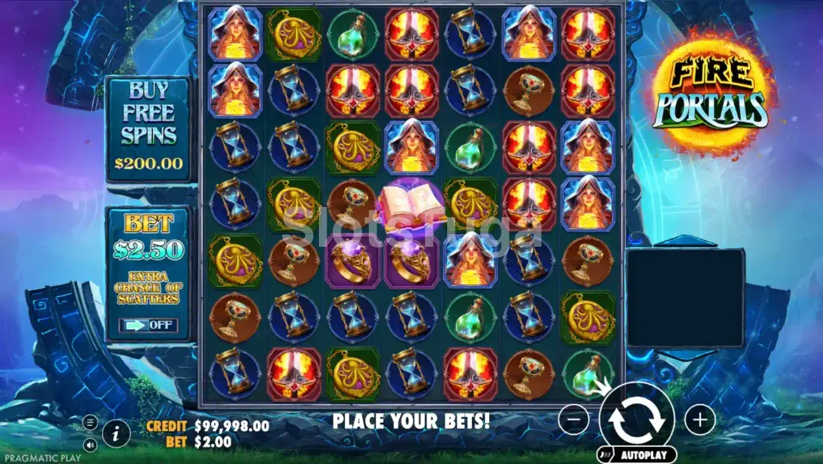 Tela principal do jogo Fire Portals com o portal brilhante ao fundo