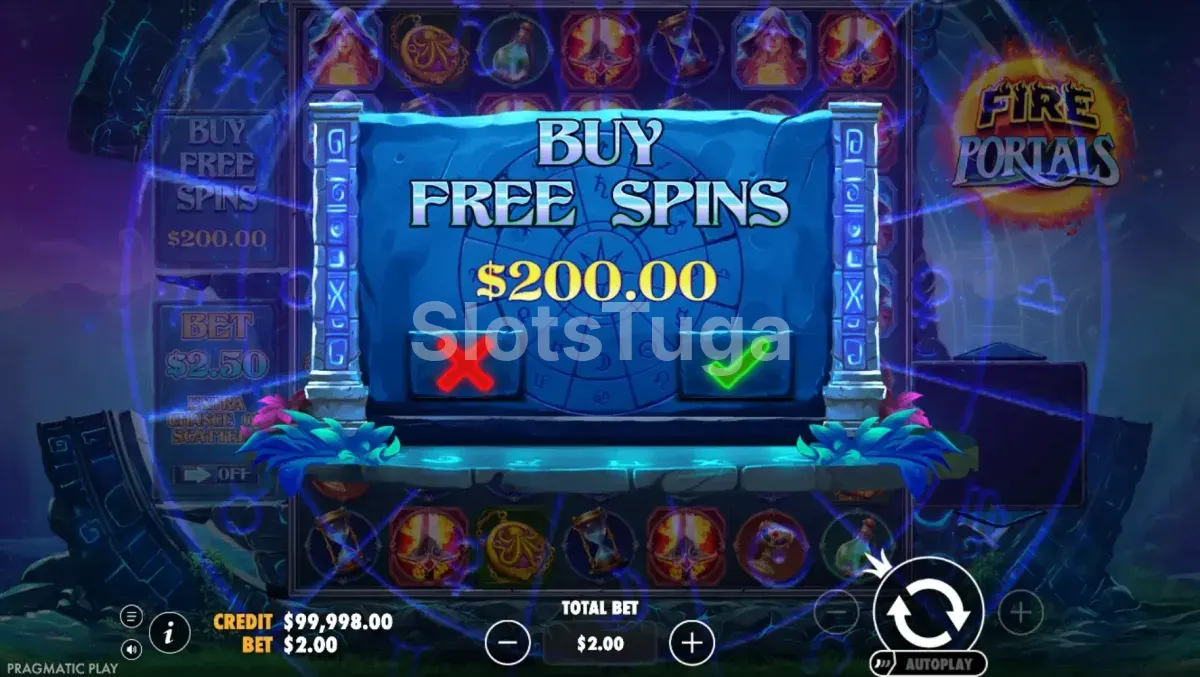 Tela de compra de bônus do Fire Portals com opções de Bonus Buy