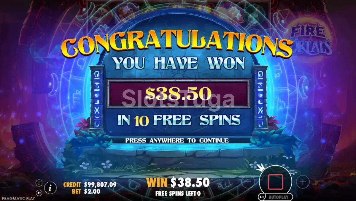 Big win no Fire Portals com multiplicador alto durante as rodadas grátis