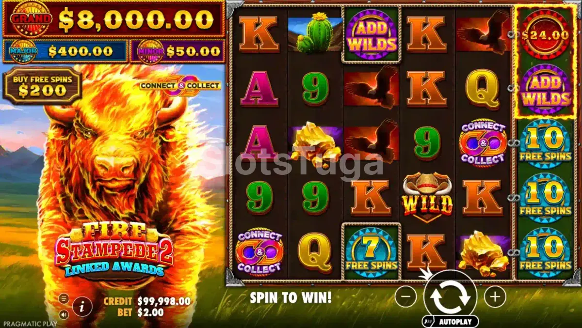 Tela principal do jogo Fire Stampede 2 com o grid de 6x5 e os símbolos de premiação