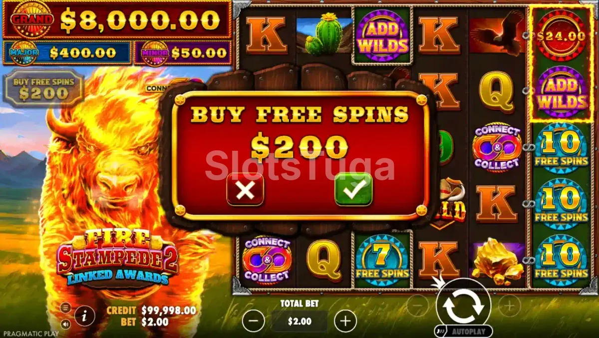Tela de compra de bônus da Fire Stampede 2 com opções de Bonus Buy disponíveis