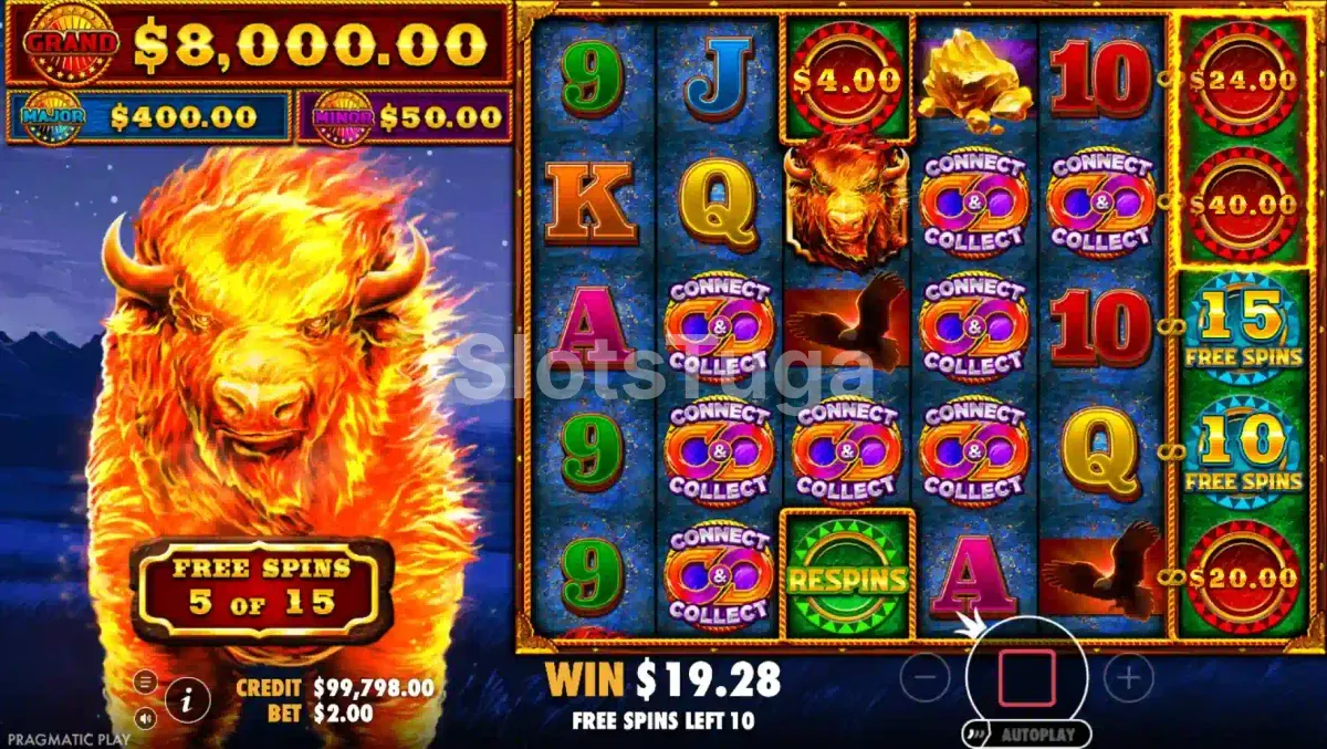 Rodadas grátis ativas na Fire Stampede 2 com multiplicadores e símbolos Connect & Collect