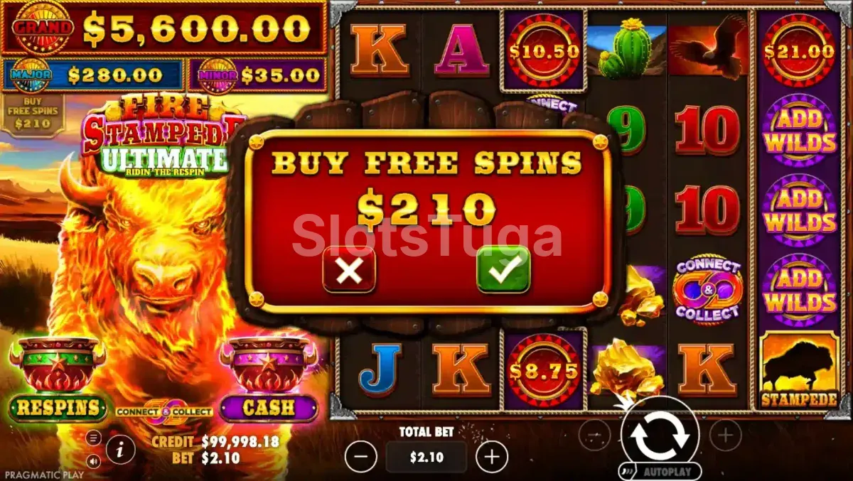 Recurso de compra de bônus na Fire Stampede Ultimate
