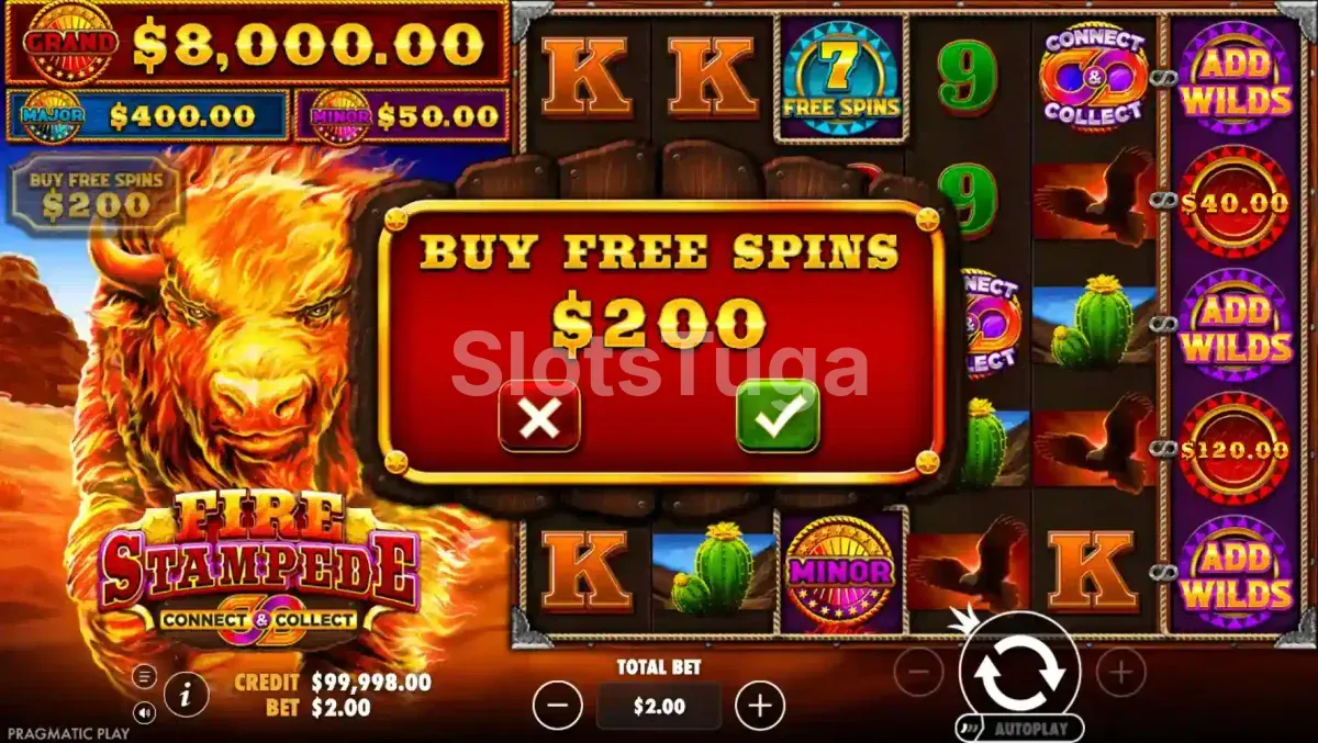 Tela de compra de bônus da Fire Stampede com opções disponíveis