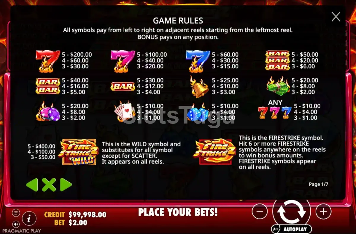 Tabela de pagamentos completa do Fire Strike 2