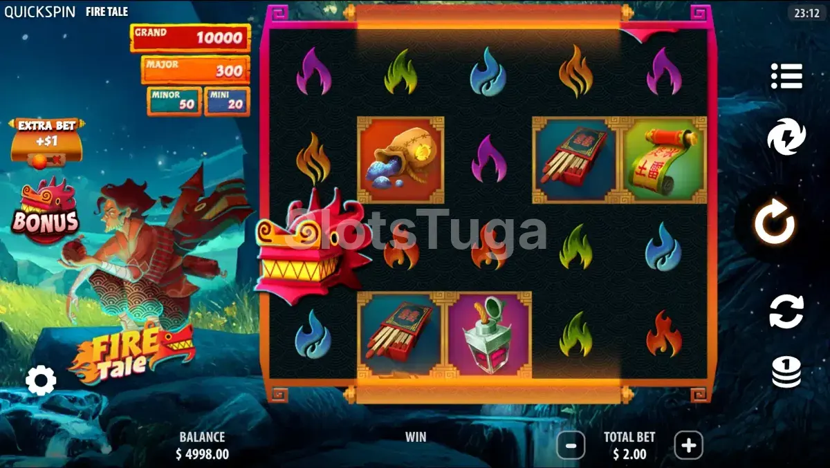 Jogo base do Fire Tale - tela principal com os rouleaux e símbolos