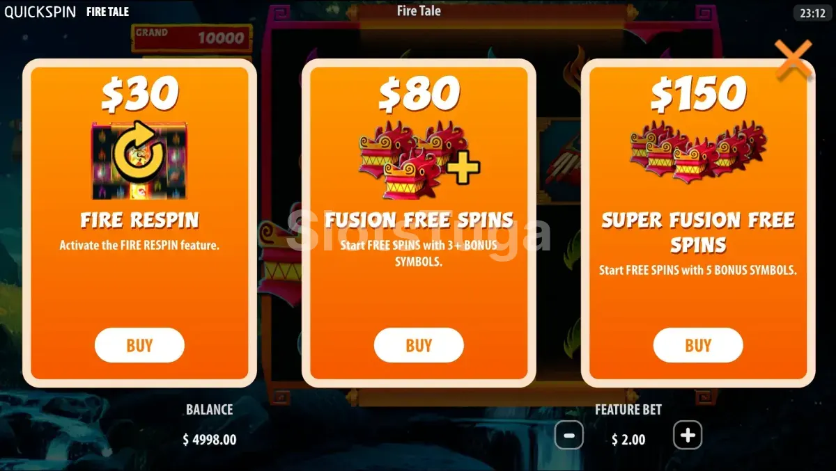Tela de compra de bônus do Fire Tale com as opções disponíveis