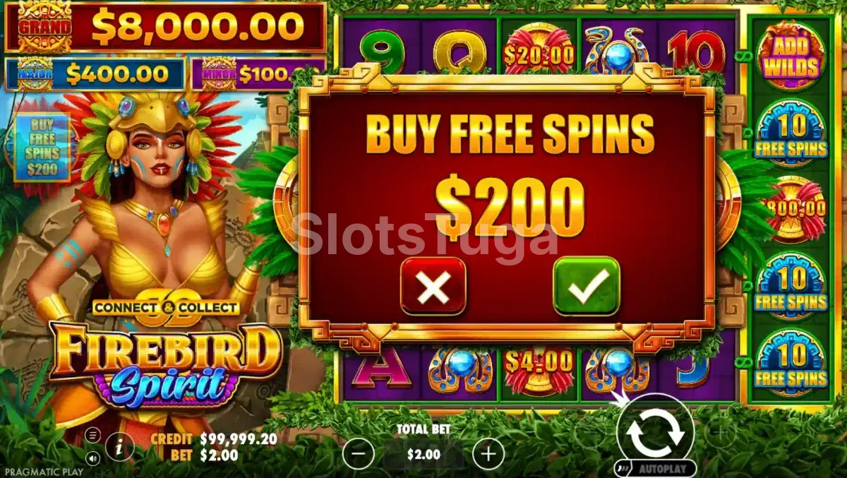 Tela de compra de bônus da Firebird Spirit com a opção Bonus Buy