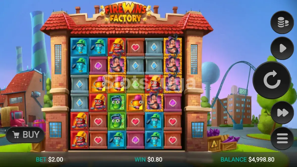 Jogo base da Firewins Factory com grid 6x6 e personagens operários