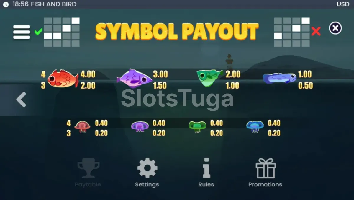 Tabela de pagamentos da slot Fish and Bird com símbolos de peixes e água-viva