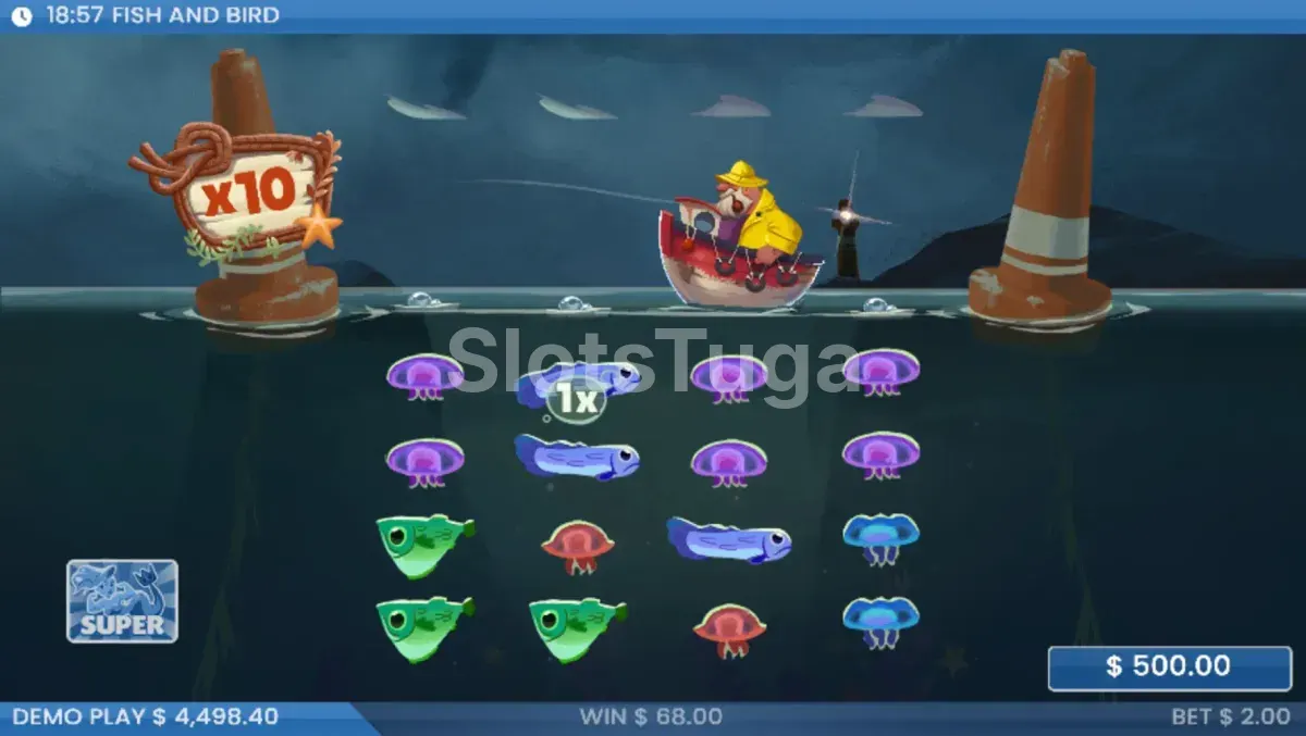 Rodada de spins grátis da slot Fish and Bird com Coletor em ação