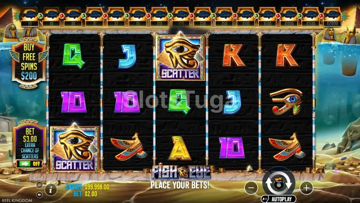Jogo base da slot Fish Eye com rouleaux e símbolos aquáticos