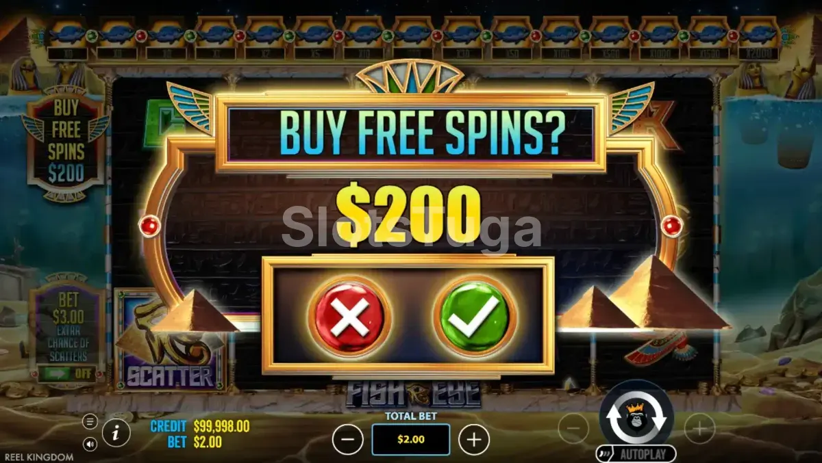 Tela de compra de bônus da slot Fish Eye com opções disponíveis