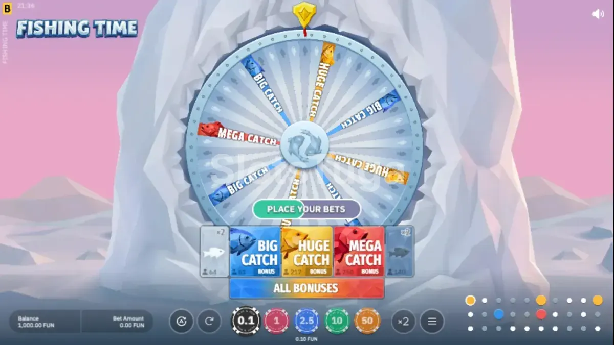 Tela principal do jogo Fishing Time com a roda giratória em destaque