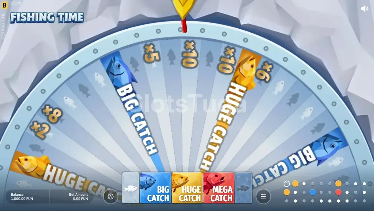 Visão geral da interface do Fishing Time com setores de apostas destacados