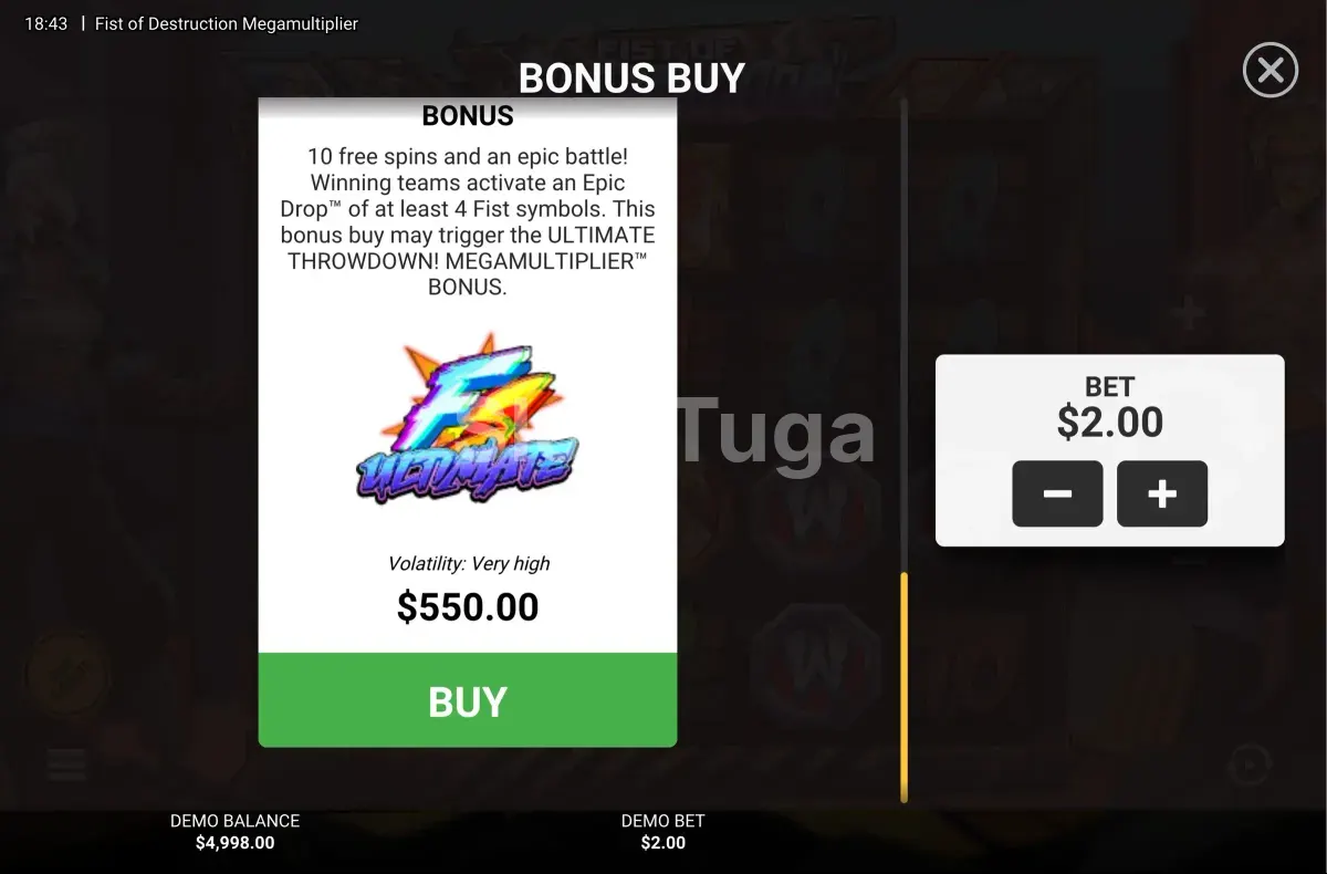 Menu de Bonus Buy da Fist of Destruction Megamultiplier