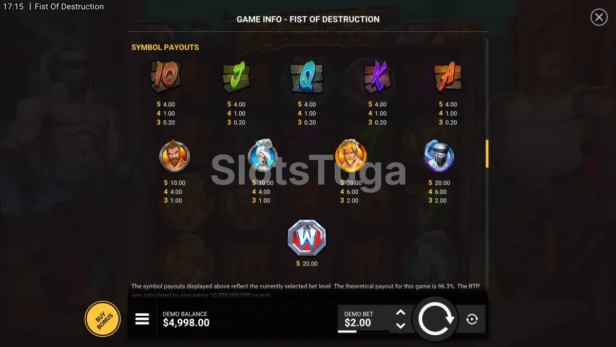Tabela de pagamentos da slot Fist of Destruction