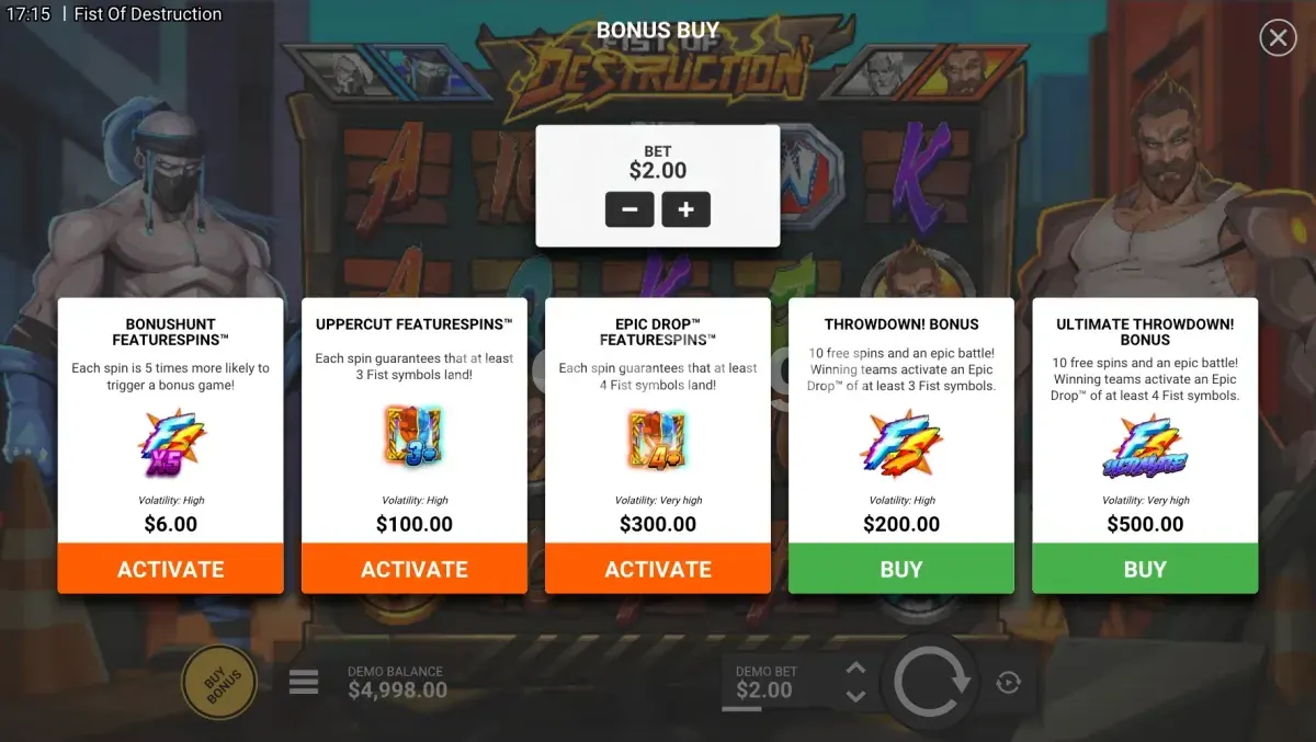 Interface de Bonus Buy da Fist of Destruction