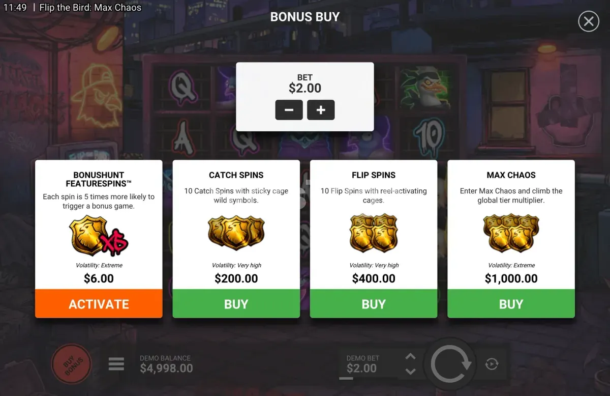 Menu de compra de bónus de Flip the Bird Max Chaos