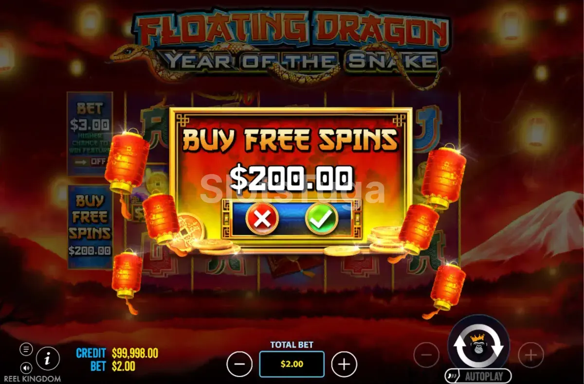 Tela de compra de bônus do Floating Dragon Year of the Snake