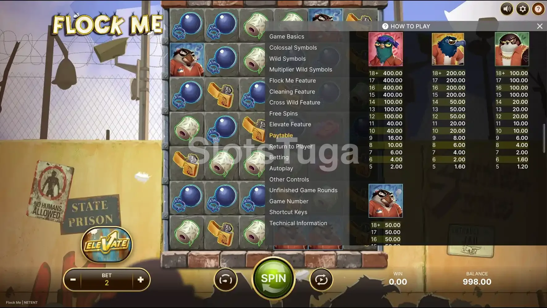 Tabela de pagamentos da Flock Me com símbolos e multiplicadores