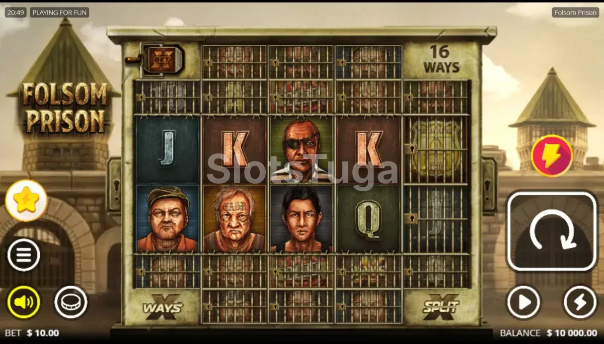 Folsom Prison: a grelha dentro do edifício da prisão, com reclusos de cabelo rapado e cartas J, K e Q, várias posições ainda atrás de grades, o contador de 16 ways no canto e os botões xWays e xSplit em baixo.
