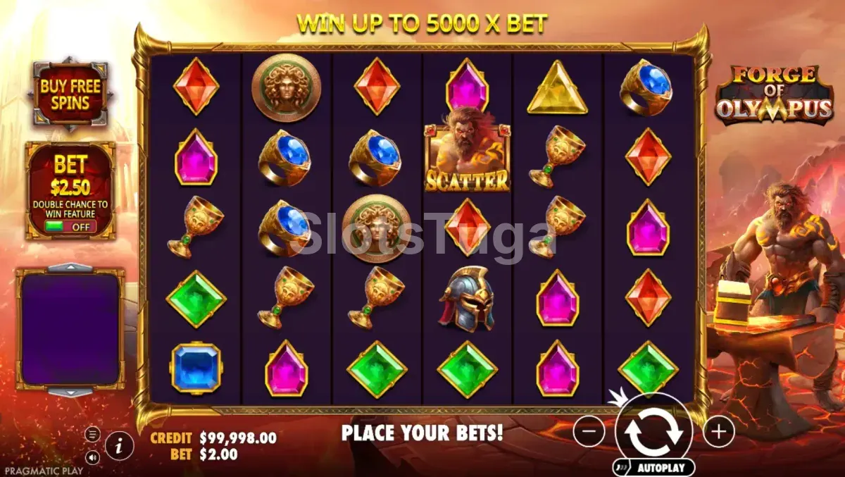 Jogo base da slot Forge of Olympus rodando na tela