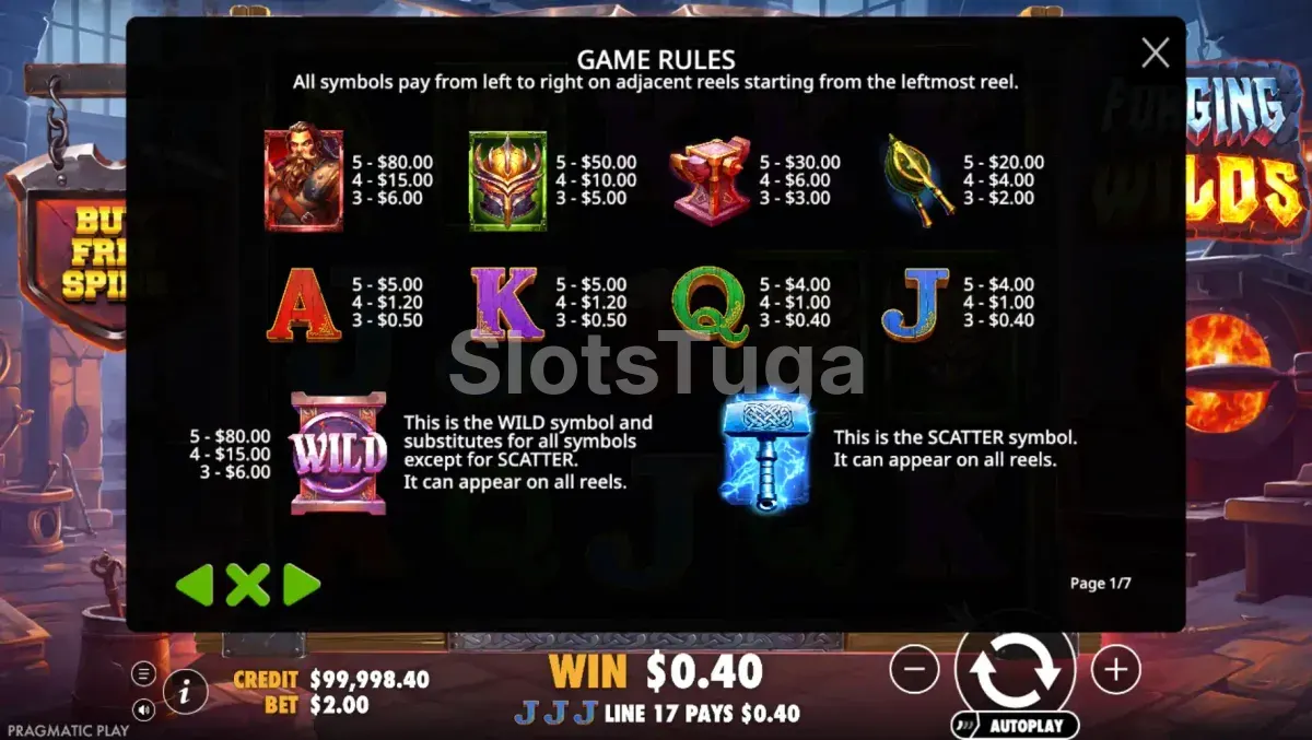 Tabela de pagamentos da slot Forging Wilds mostrando símbolos e prêmios