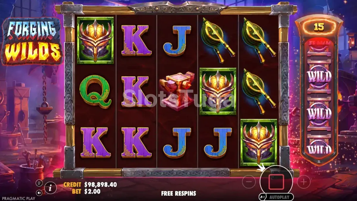Round de free spins da Forging Wilds com pool de Wilds ativado