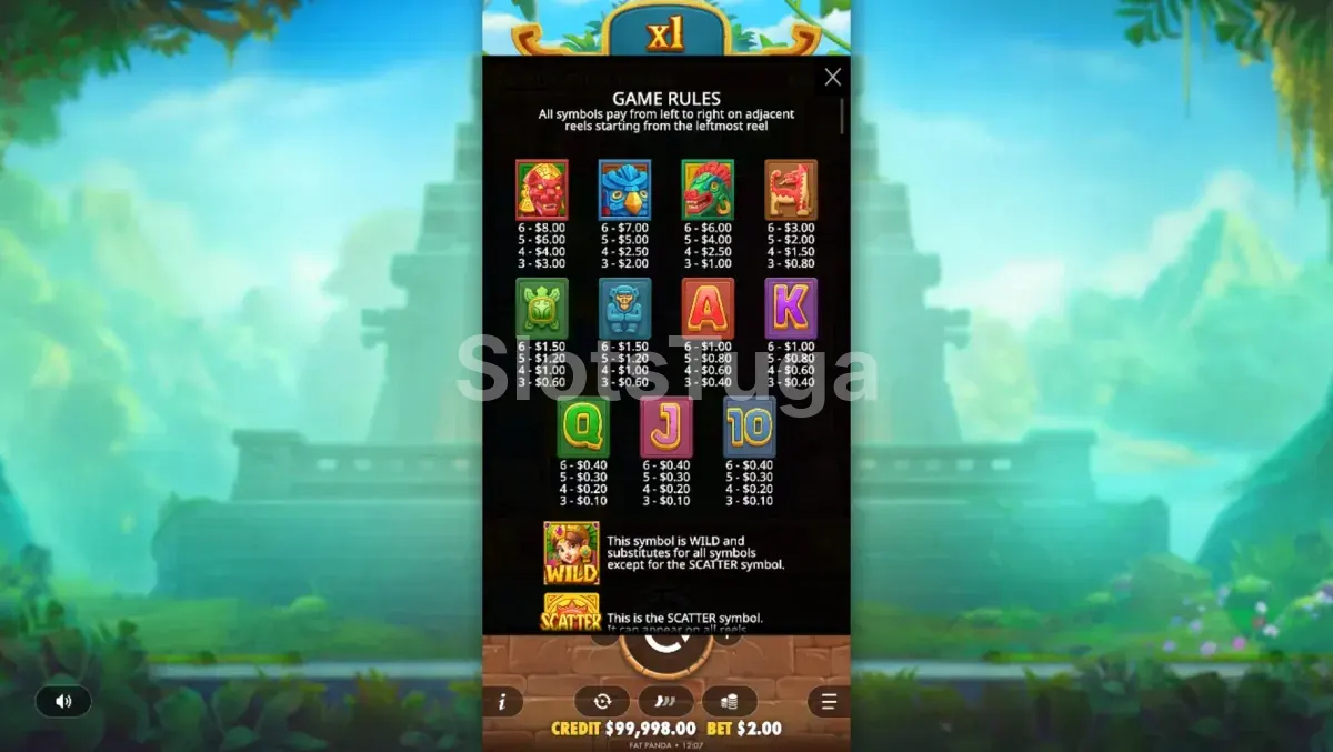 Tabela de pagamentos da Fortune of Aztec mostrando os símbolos e suas remunerações